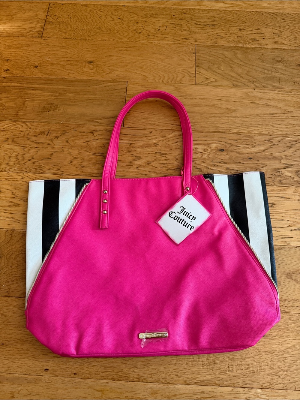 NWT - Juicy Couture - Hot Pink Tote with Black and White Stripe Sides